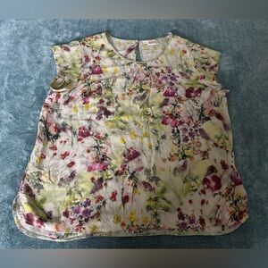 Tianello Women's Blouse Top 100% Silk Cap Sleeve Floral Print Art to Wear USA